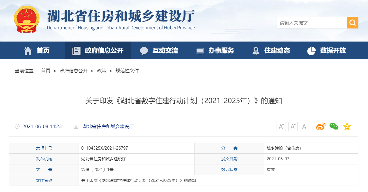 湖北省发布数字住建行动计划（2021-2025年）