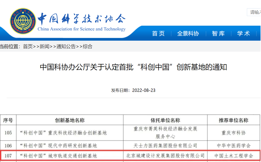 北京城建成为首批“科创中国”创新基地之一